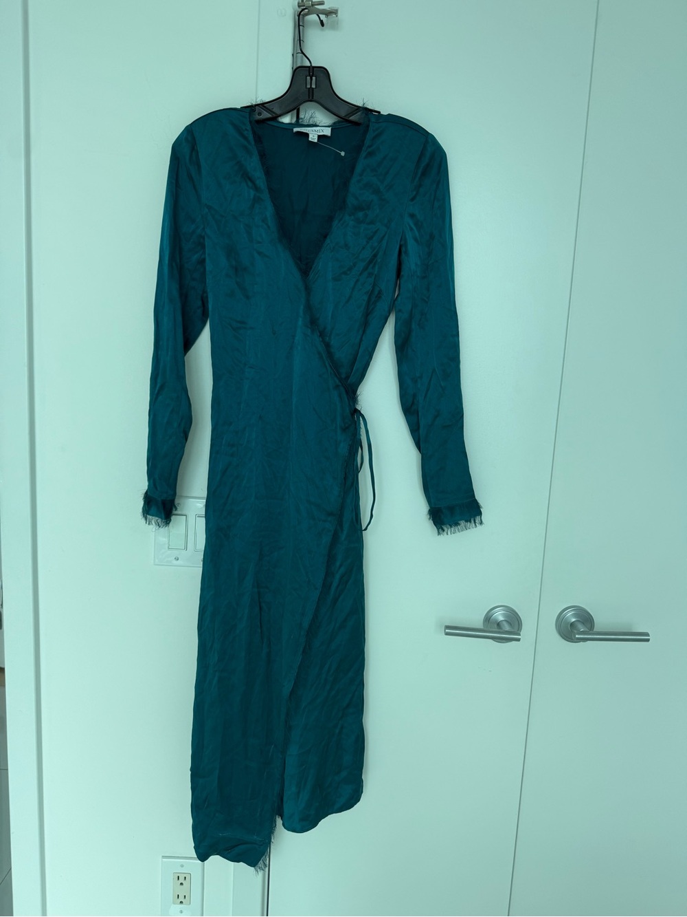 INTERMIX Teal Wrap Midi Silk Dress with Long Sleeves and fringe detail